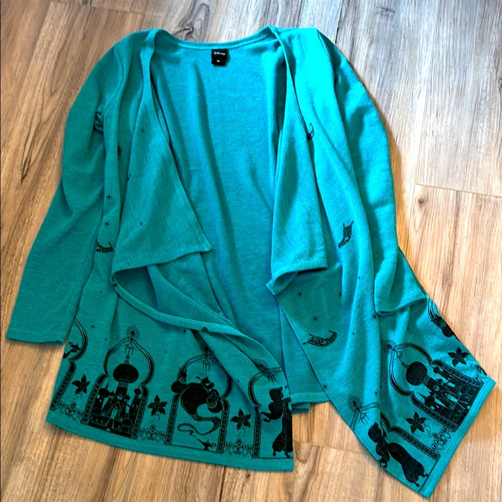 Disney’s Alladin Teal Open Front Cardigan with Black Print